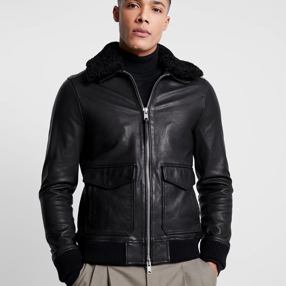 Allsaints Phoenix Leather Bomber Jacket Shearling Collar Small Pre-Owned A2 G1 - Picture 1 of 5